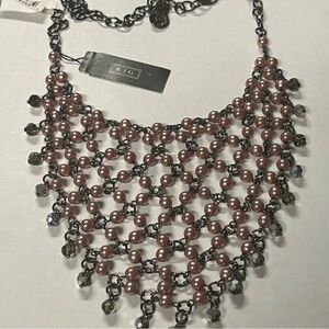 NWT R.J. Graziano Rose and Gunmetal‎ Beaded Bib Necklace, 19 inches
